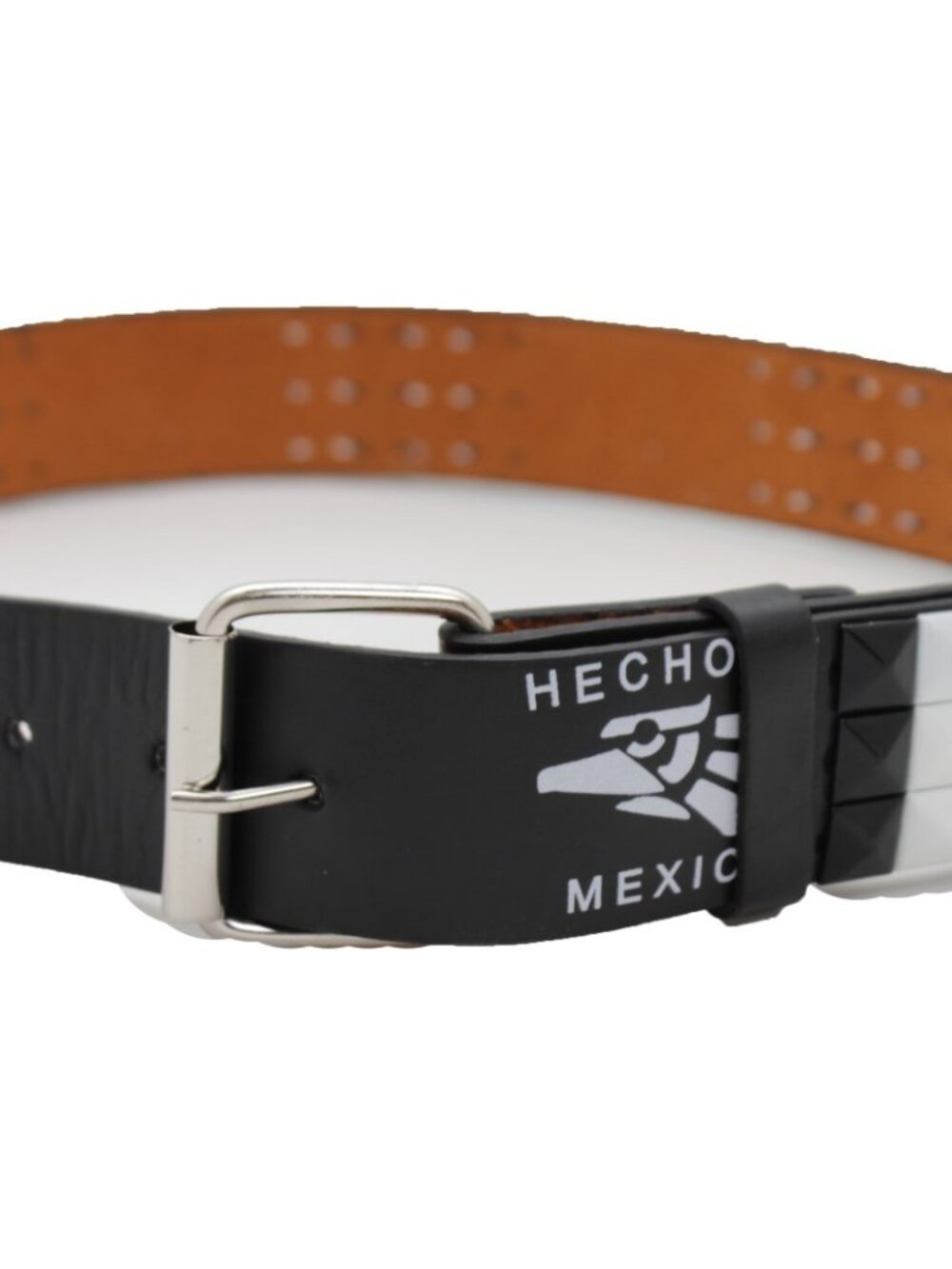 NEW Black Faux Leather Belt Hecho En Mexico Eagle Print Black White Studs Size S - Picture 8 of 16
